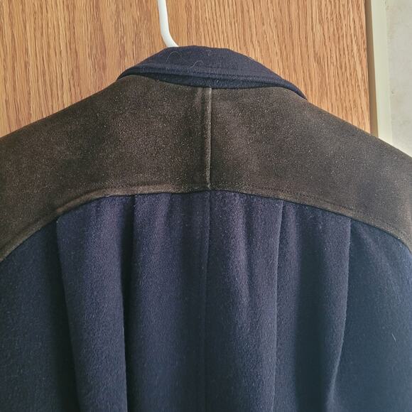 Vntg Othello Pelle Korea Wool Leather Trim Coat M Navy Black Old Money Heritage - Picture 2 of 11
